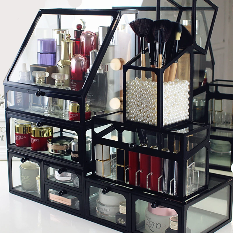 

Glass Cosmetics Storage Box Transparent Desktop Lipstick Skin Care Products Finishing Box Rack New Products