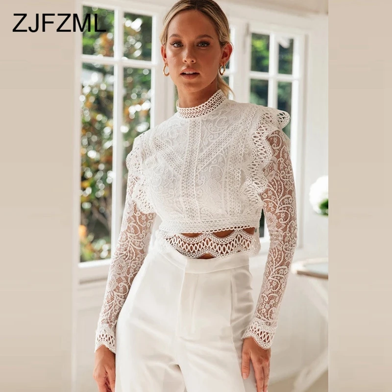 

Floral Hollow Out Lace Blouse Shirts Woman Tops Long Sleeve See Through Bodycon White Shirt Plus Size Vintage Ruffle Blouses