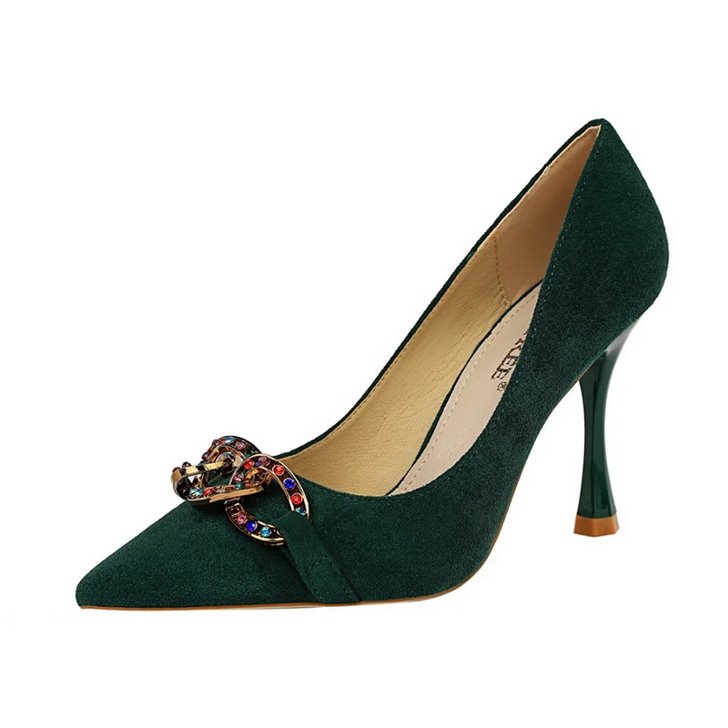 Green Весенние женские туфли-лодочки Tacones элегантные стразы из замши; Цвет зеленый, желтый, обувь на высоком каблуке Женская обувь с украшением в виде кристаллов обувь для вечеринок Свадебные туфли - Color: Green