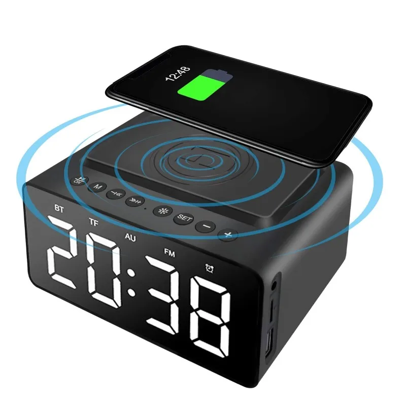 Bedside Alarm Clock Bluetooth Speaker FM Radio Does Not Tick with USB Charger Wireless QI Charging 3 Level Digital LED Dimmable | Дом и сад