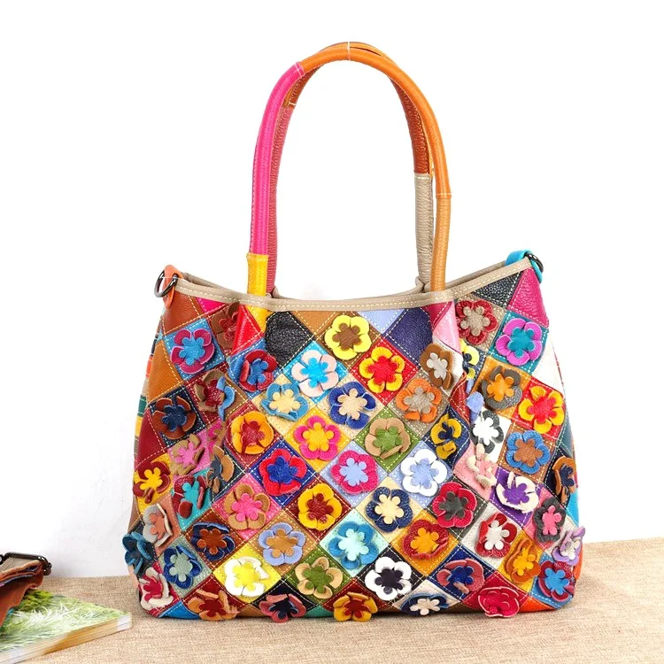 

Features National Wind WOMEN'S Leather Bags Agent Colorful Flower Contrast Color Bag Shoulder nv kuan bao