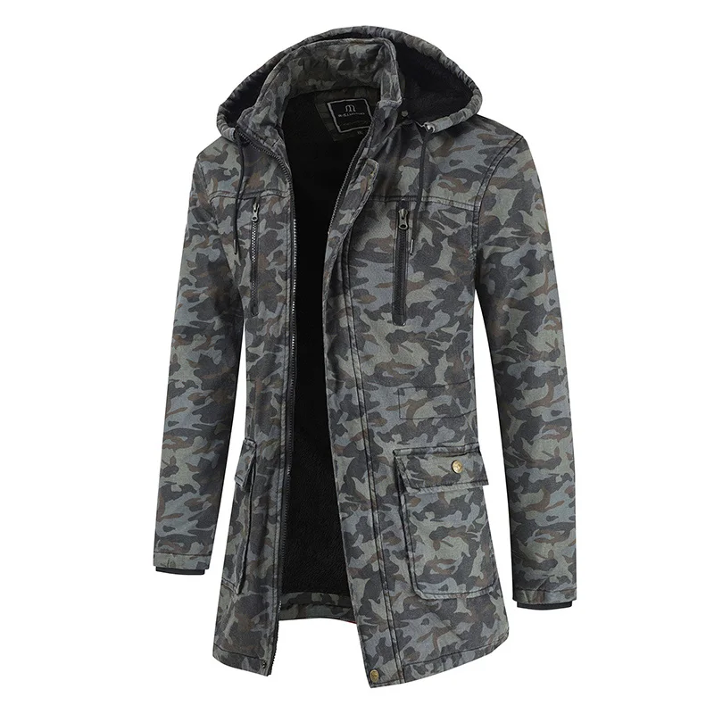 Мужская зимняя куртка с принтом камуфляжная куртка с капюшоном утолщенная теплая тонкая Повседневная парка длинная Съемная куртка с капюшоном плюс размер L-3XL