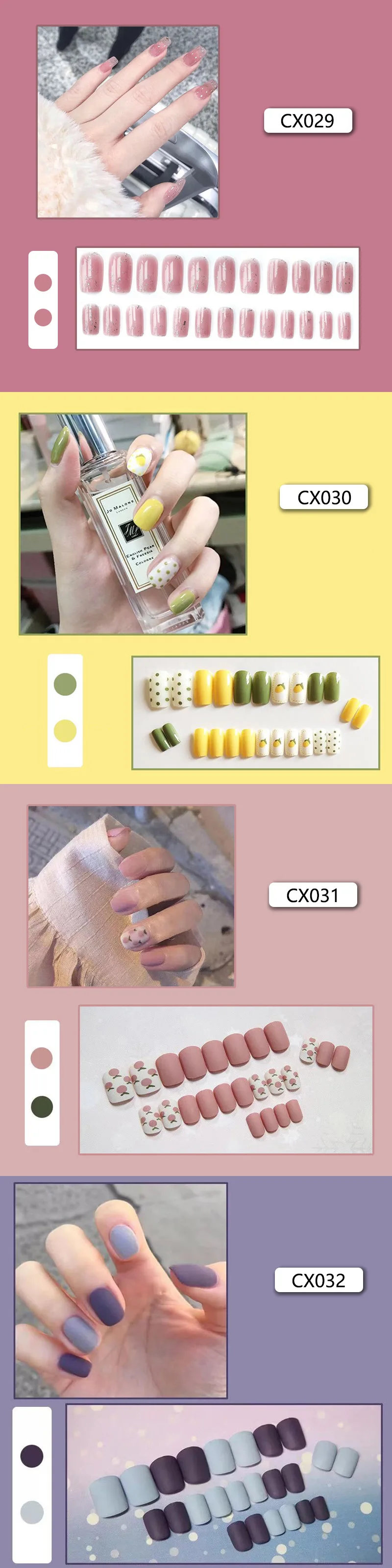 24pcs/box Fake Nails Press on Short Reusable with Designs Set French Artificial Pink False Tipsy Stick-on Nails Tips Art