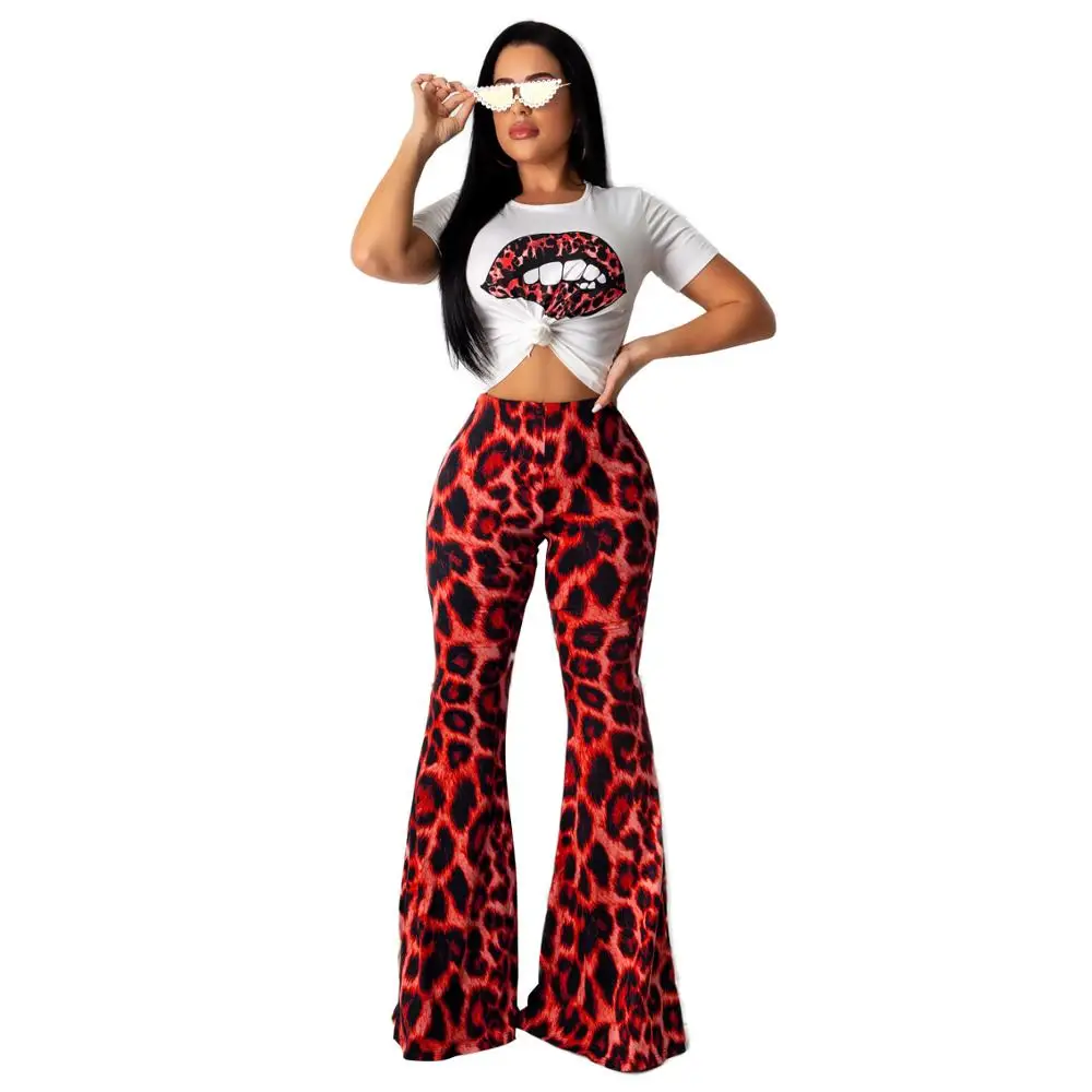 

2020 Hot Temperament Commute Two-piece Sexy Streetwear Casual Leopard Print Lip Flared Women Pants