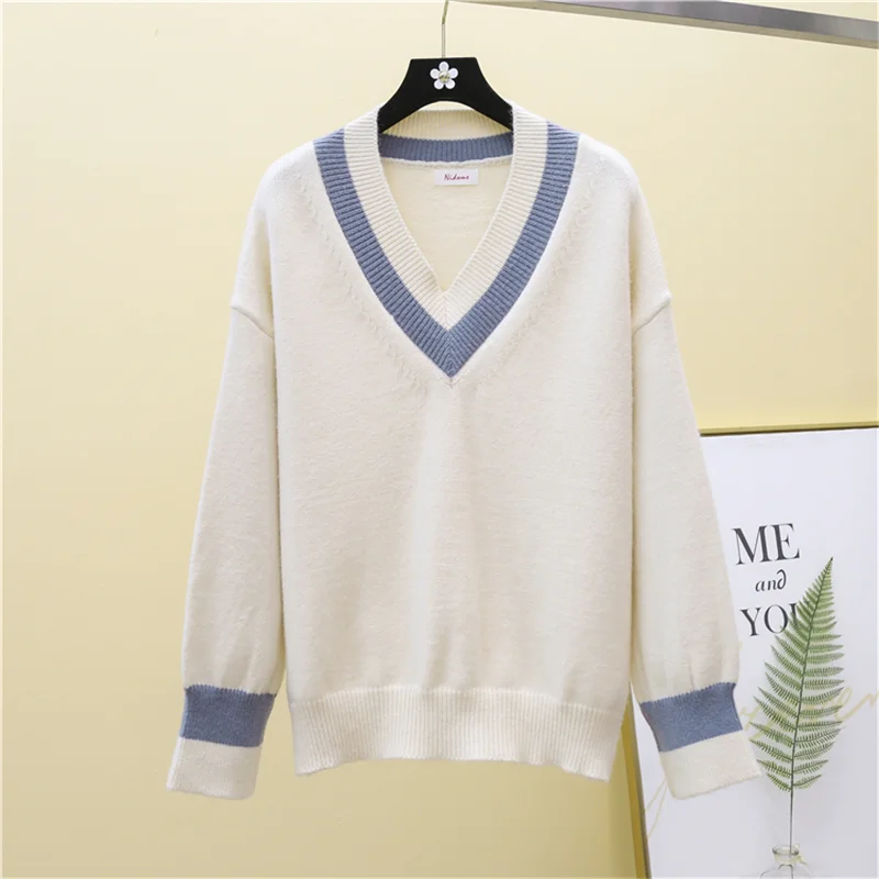 

High Quality New Autumn Women Elegant V Neck Sweater Long Sleeve Loose Knitted Pullovers Fashion Wool Jumpers Tops Plus Size