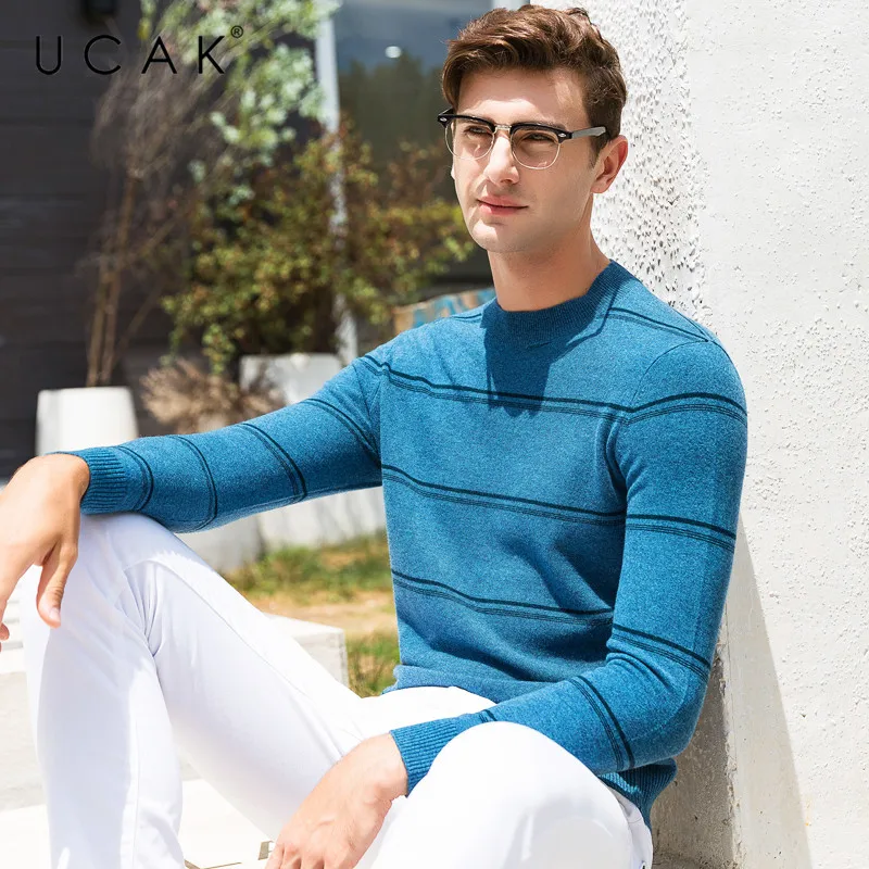 

UCAK Brand 100% Merino Wool Sweater Men Casual Striped O-Neck Pullover Men Autumn Winter Warm Cashmere Sweaters Pull Homme U3072