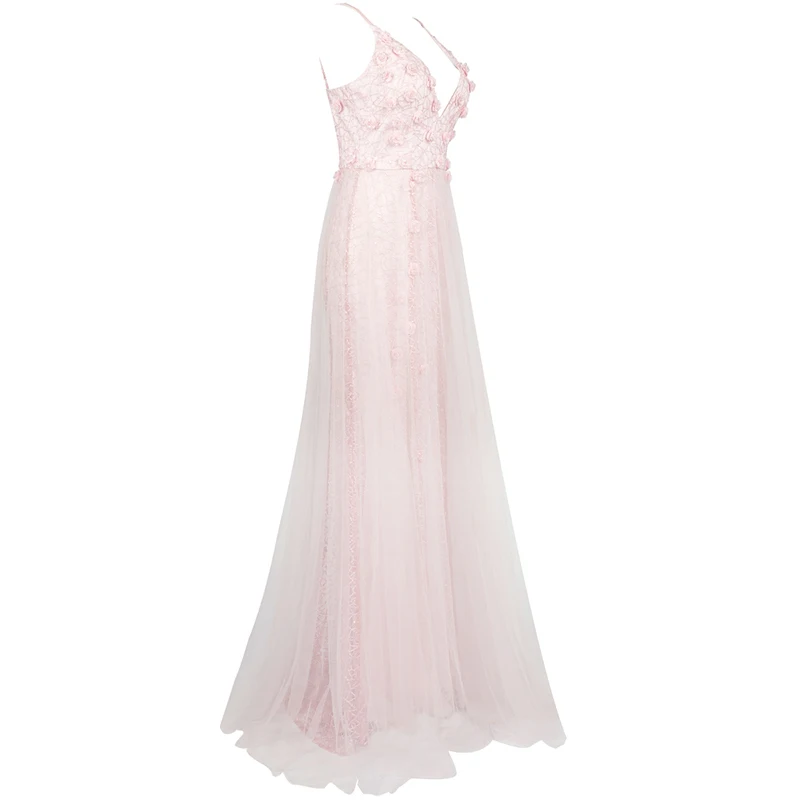 Лето,, НОВЫЕ шикарные розовые цветочные Украшенные сексуальные ремешки-спагетти, v-образный вырез, вечерние платья знаменитостей, длинные сетчатые платья