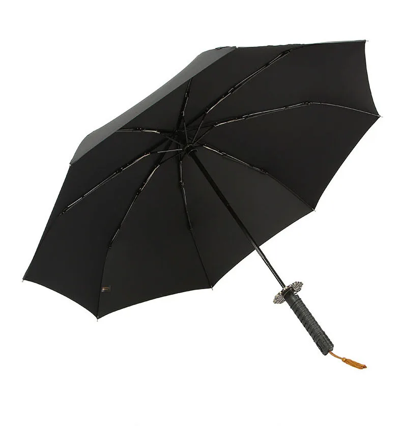 Fully Automatic Samurai Umbrella Rain Men Three-folding Sword Shape Black Japanese Katana Umbrella