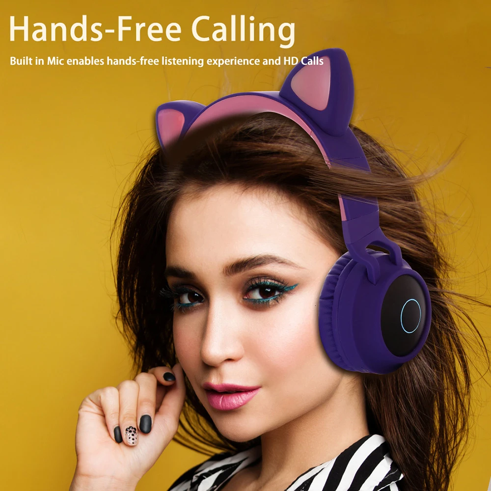LED Bluetooth Wireless Cat Earbuds Folded Earphone With Microphone Cosplay Gaming Headset For Mobile Phone PC Laptop Kid