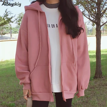 

Hoodies Women Zip-up Solid Simple Pockets Hooded Korean Style Trendy Fashion Harajuku Loose Students Daily Womens Streetwear New