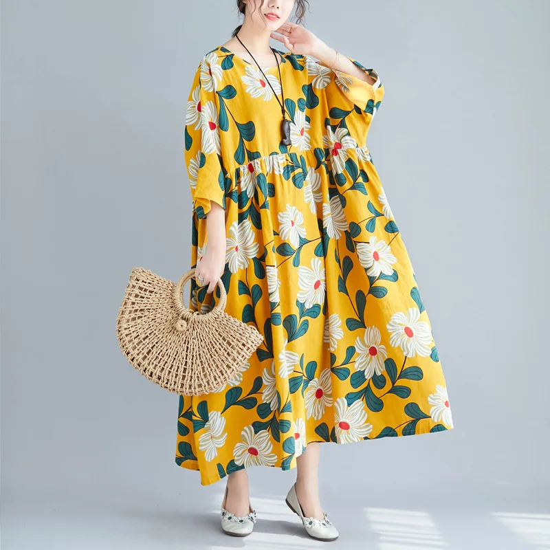 

2020 Spring Clothing New Style Cotton Linen Printed Loose And Plus-sized Dress
