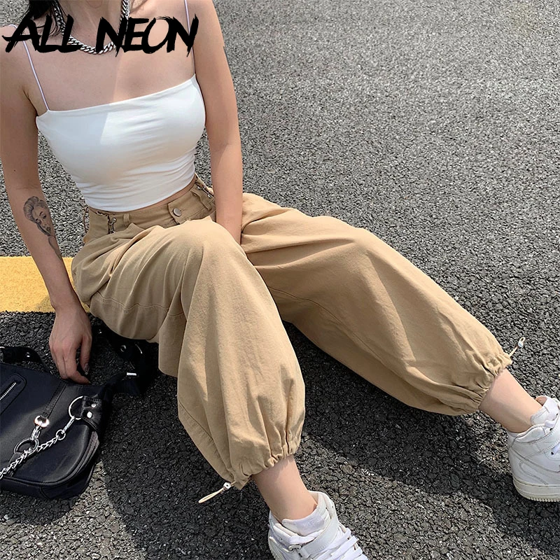 ALLNeon Y2K Fashion Khaki Oversized Cargo Pants Hip Hop Style Loosed Adjustable Waist Drawstring Long Pant Streetwear 90s Autumn