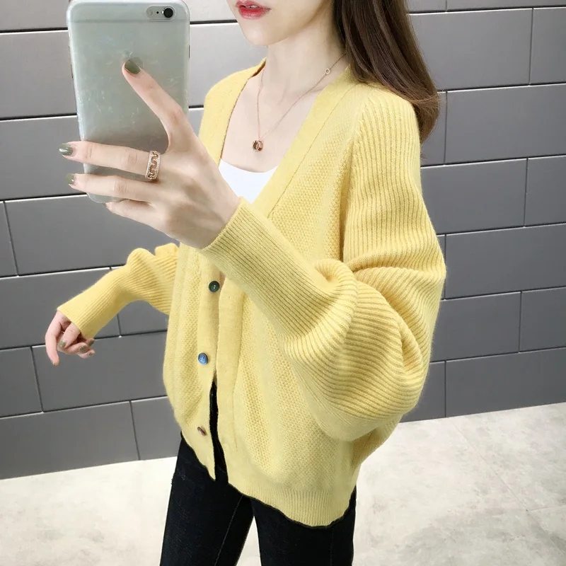 12854(4 3 ранжирование № 2), чтобы снять свитер рукав летучая мышь чистый цвет короткий кардиган с длинными бортами 44