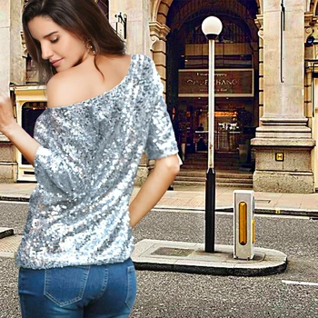 

Autumn new mid - sleeve T - shirt plain color sequins diagonal shoulder mid - sleeve unlined upper garment