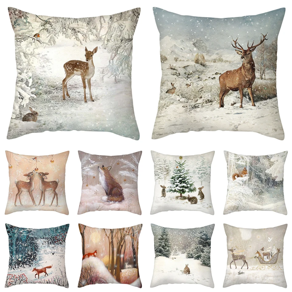 

Christmas Pillow Case Home Decor Double-Side Animal Deer Rabbit Printed Throw Pillow Covers Winter Cushion Cover Pillowcase