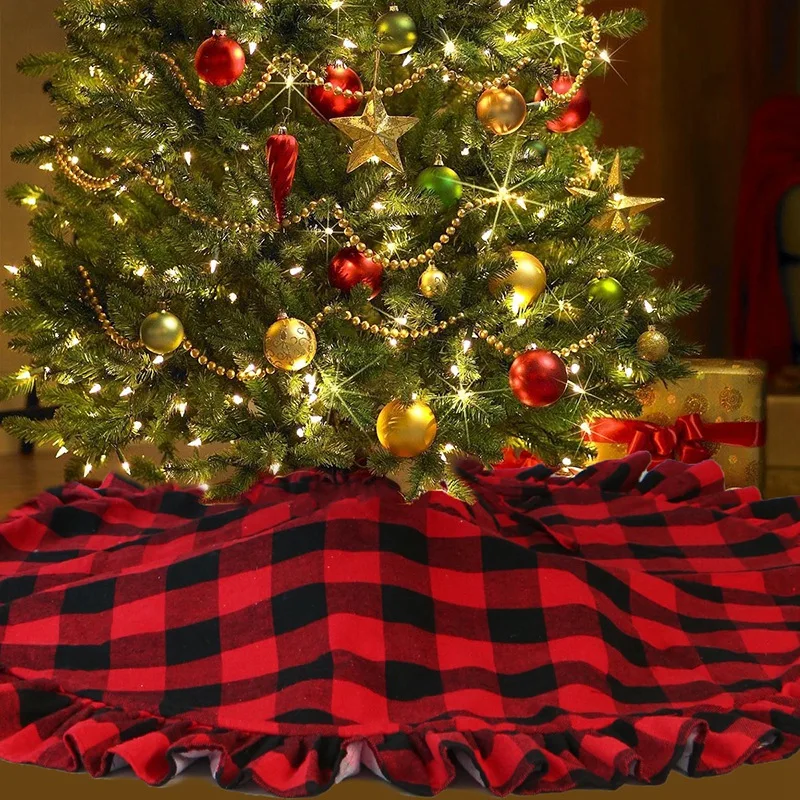 48Inch Buffalo Plaid Christmas Tree Skirt Red Double Layers Xmas Tree Skirt for Hotel Christmas Tree Decor for Home