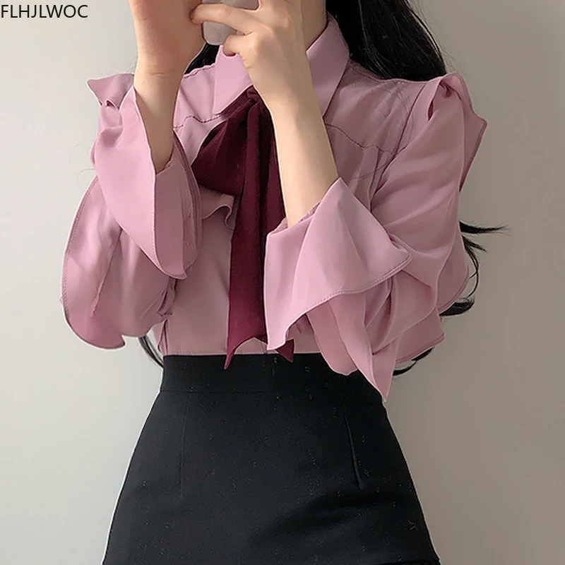 Ruffled Bow Tie Top Autumn Basic Office Lady Work Wear Flare Sleeve Cute Women Single Breasted Button Solid White Shirts Blouses 2