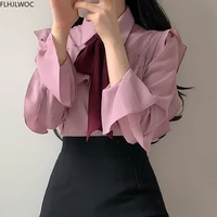 Ruffled Bow Tie Top Autumn Basic Office Lady Work Wear Flare Sleeve Cute Women Single Breasted Button Solid White Shirts Blouses 2