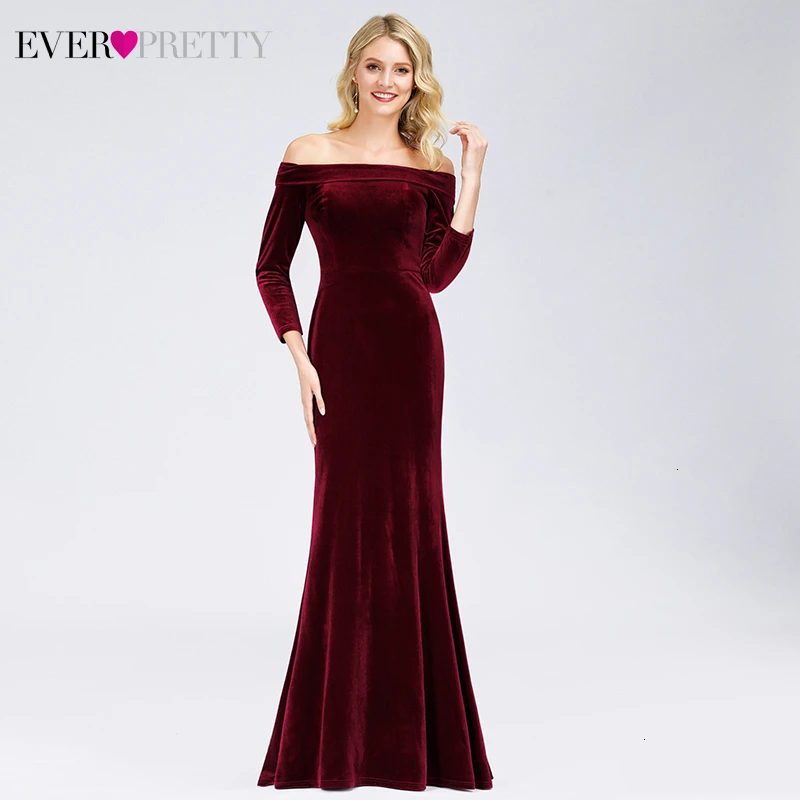 

Burgundy Mermaid Evening Dresses Ever Pretty Off The Shoulder 3/4 Sleeve Sexy Autumn Winter Velour Formal Gowns Abendkleider