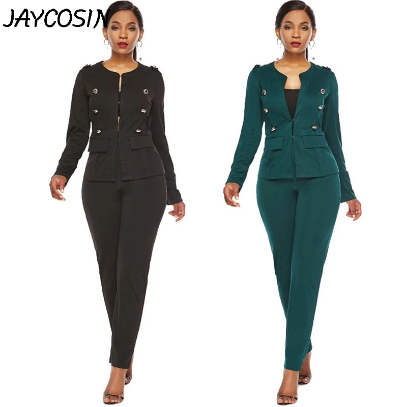 

JAYCOSIN Women Suits Solid Color Sexy Long Sleeve Vintage Button Tops Long Pants Set Fashion 2 Piece Set Women Outfits a5