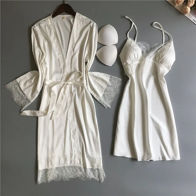 

Silk Dressing Gown Set Thin Bathrobe+Pajama Dress 2 Pcs Sleepwear Set with Chest Pad Sexy Nightwear Lace Pijamas Sexys Damas