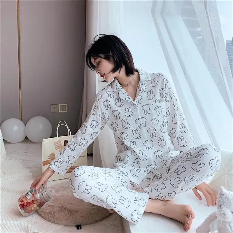 

Women Cotton Pajamas Sets with Pants Long Sleeve Turn-down Collar with Pocket Pyjama Cute Cartoon Button Top+Pants Pijama