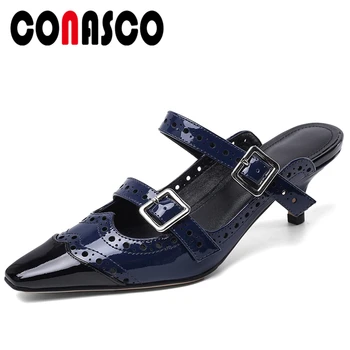 

CONASCO 2020 Summer Fashion Casual Genuine Leather Women Sandals Slippers Pumps Metal Buckle Hollow Out High Heels Shoes Woman
