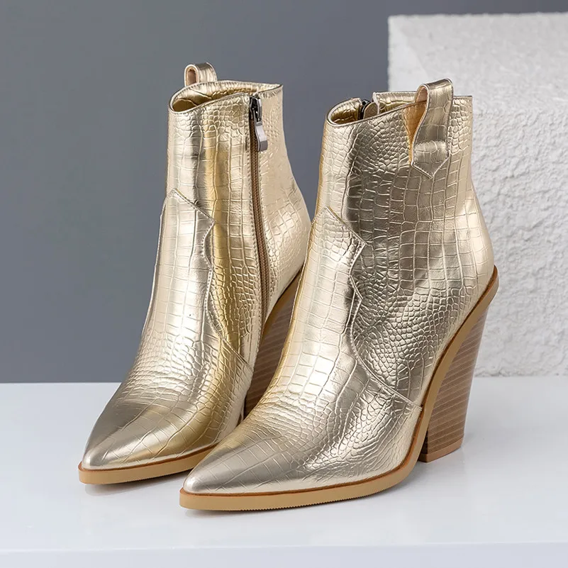 Meotina/Брендовые женские ботинки; осенние ботинки в западном стиле; ботильоны на высоком каблуке в необычном стиле; обувь с острым носком на молнии; женская зимняя обувь; большие размеры 46 - Цвет: Золотой