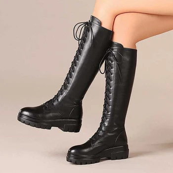 

Luxury brand riding boots women new winter keep warm shoes thigh high boots cow leather thick bottom lace up knight boots mujer
