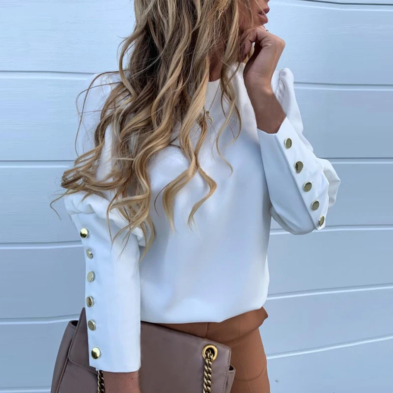 

2019 new Solid Metal Buttoned Detail Blouses White Long Puff Sleeve Blouses women Pineapple print long sleeve Shirt tops
