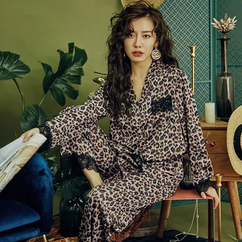 

Lace Leopard Pajamas Pajamas for Women Silk Pyjamas 2020 Pijama Set Women's Home Suit Sexy Nightwear Nightie Sleepwear Set