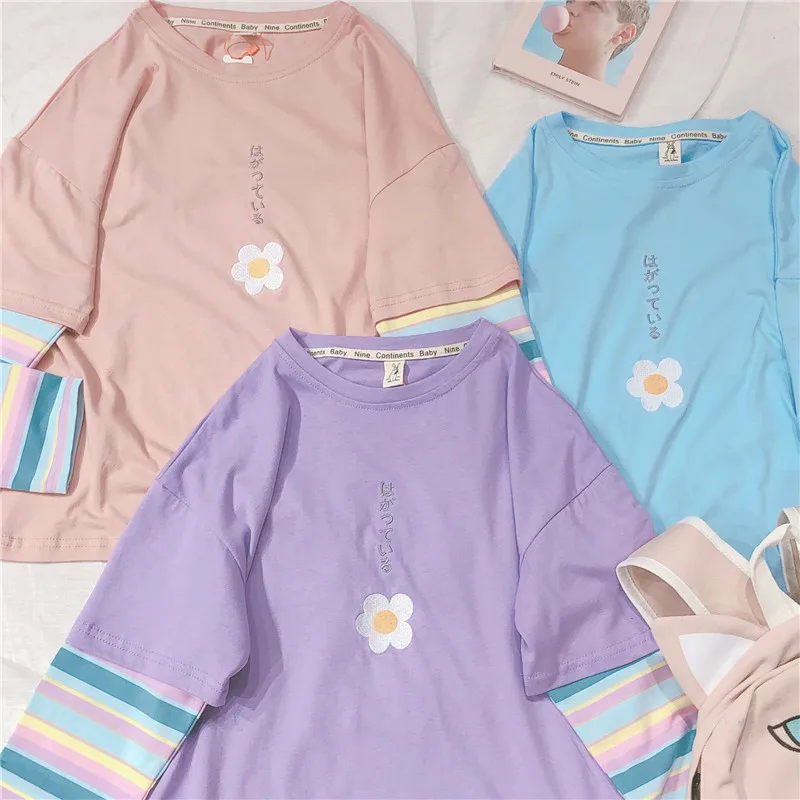  Candy Color Mori Girl Flower Embroidery Hoodies Rainbow Stripe Long Sleeve Ptachwork Pullover False