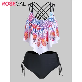

ROSEGAL Feather Print Strappy Pointed Hem Tankini Swimwear Spaghetti Straps Padded Tankini Bohemian Women Tankini Set Summer