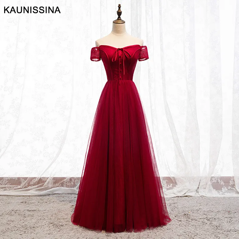 

KAUNISSINA Burgundry Long Evening Dress Off Shoulder Party Elegant Vestido Red Floor Length Prom Dresses Gown