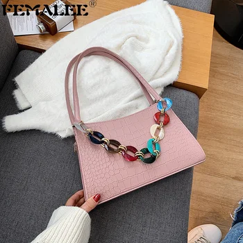 

Trendy Crocodile Pattern Colorful Beading Chain Bag Women Large Capacity Flap Handbag Designer Fashion Baguette Underarm Purse