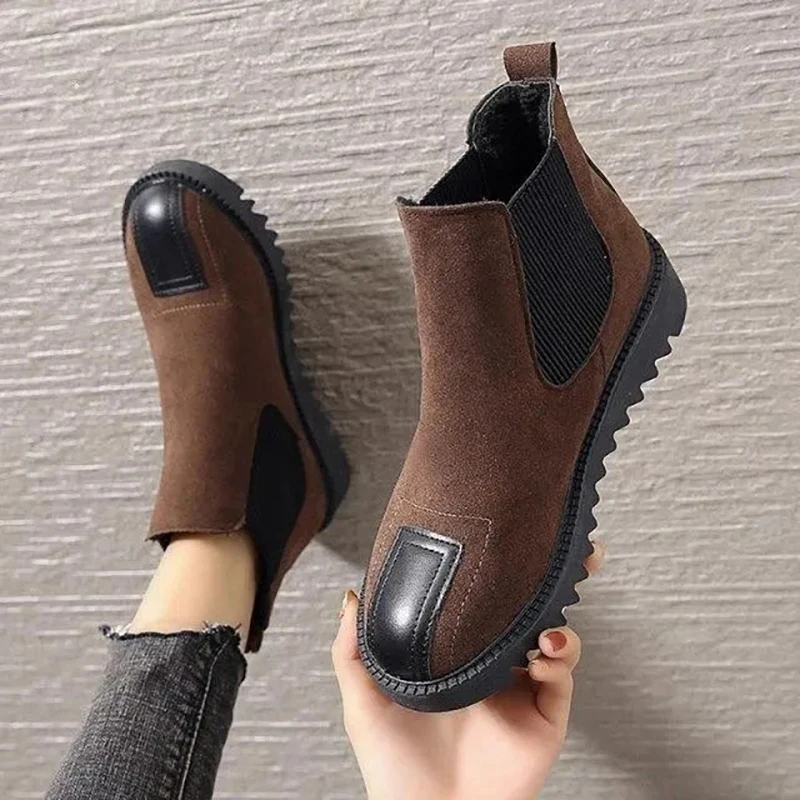 Black Platform Shoes Chunky Womens Shoes Winter Autumn Suede Leather Vintage Fashion Short Ankle Boots for Girl Botas 