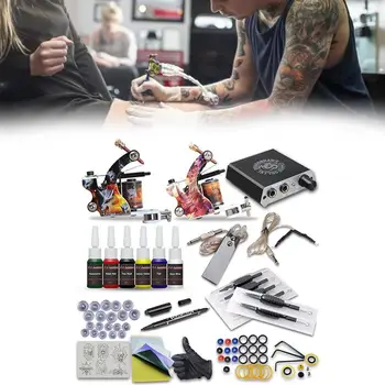 

US UK Beginner Tattoo Kits 2 Tattoo Machines Gun Black Ink Power Set Grips Tattoo Complete Tools Supply Tat Art Nice Body M F8E6