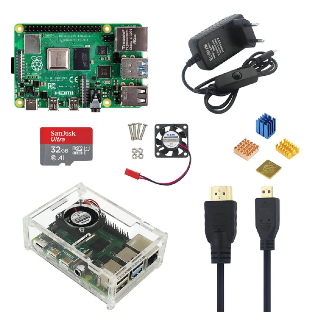 New Raspberry Pi 4 Model B 4G Kit with 5V 3A Power Adapter Acrylic Case Cooling Fan HMDI Cable Heat Sink 16/32G SD Card Optional - Цвет: with 32G SD card