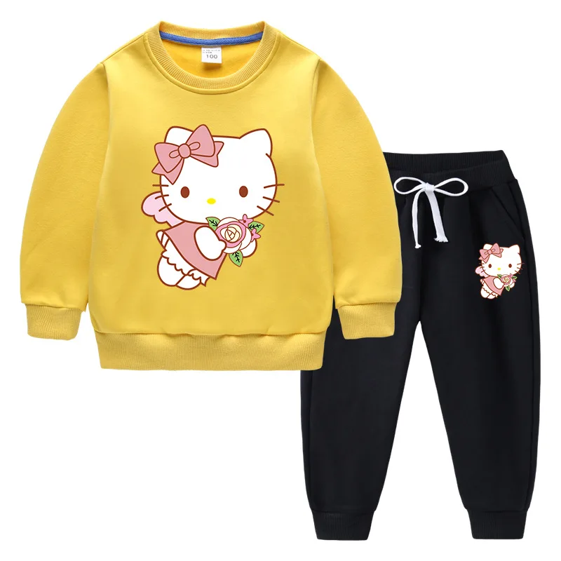 Hello Kitty otoño e invierno nuevos niños traje con capucha niños y niñas dibujos animados más terciopelo cálido pantalones de manga larga traje de dos piezas