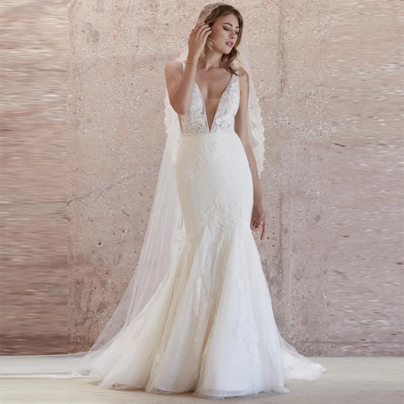 

Verngo Mermaid Wedding Dress 2020 Lace Appliques Elegant Wedding Gowns Boho Backless Bride Dress Plus Size Abito Da Sposa