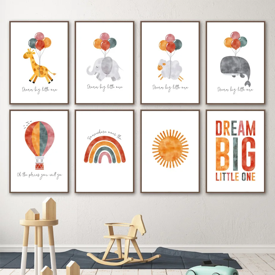 Giraffe Elephant Whale Horse Balloon Rainbow Wall Art Canvas Painting Nordic Posters and Prints Pictures Children's Room De | Дом и сад