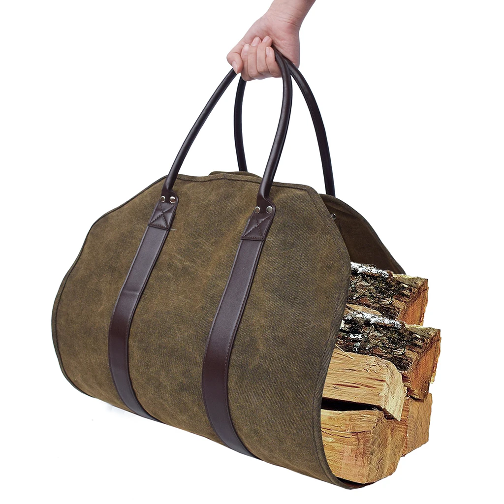 Firewood Basket Storage Waxed Canvas Felt Bag Shopping Basket Magazine Basket with Handle for Carry Wood Toys Newspaper Logs