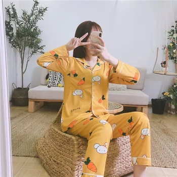 

Rabbit Print Pajamas Women New 2020 Cotton Thick 2 Pieces Set Long Sleeve Elastic Waist Lounge Sleepwear pyjamas