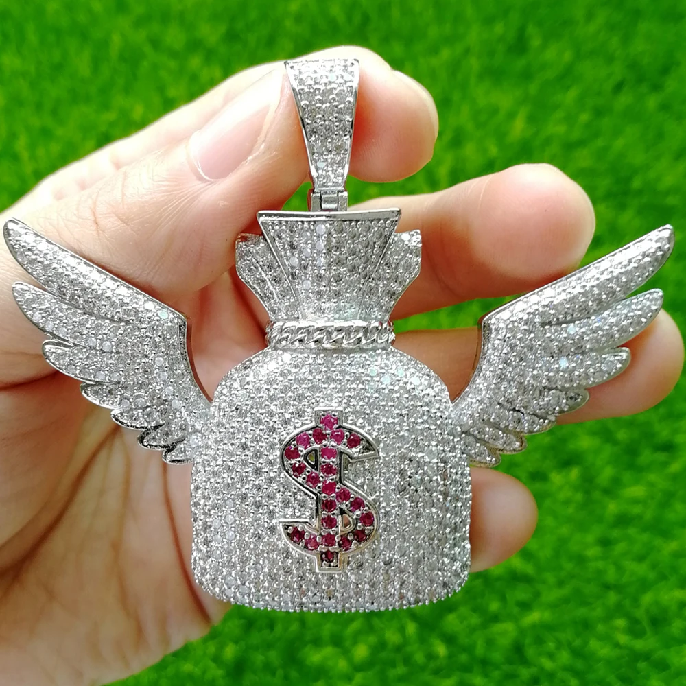 ICED OUT AAA CZ Летающий мешок для денег с крылом кукольный$ кулоны ожерелья для мужчин и женщин CN501