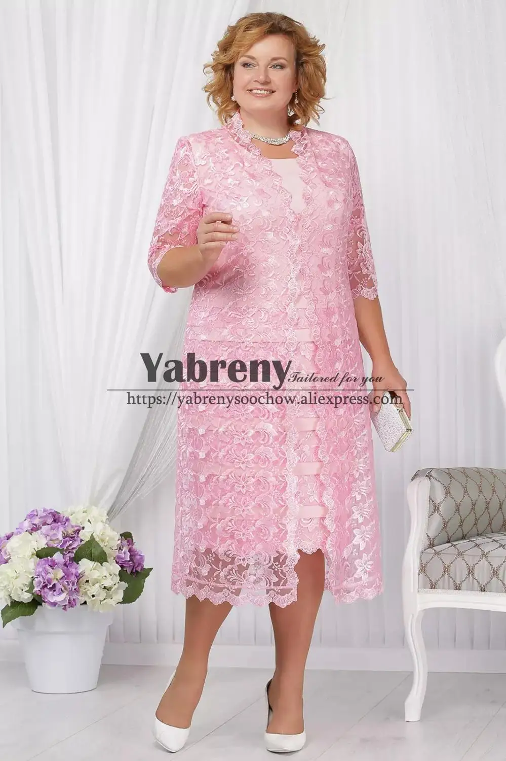 Mid-calf Size Mother Of The Bride Dress With Jacket Pink Lace Outfit - Mother Of The Bride Dresses -