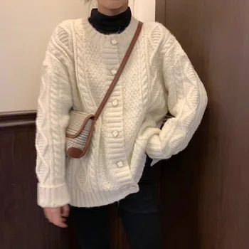 

Autumn Twist Knitted Sweater Cardigan Women Casual Long Sleeve O-neck Loose Korean Style Coat Female Green White Tops