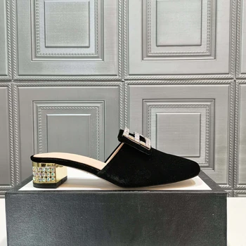 

2020 luxury brands Genuine Leather velvet crystal diamond Female flat slippers with heels size 34-40