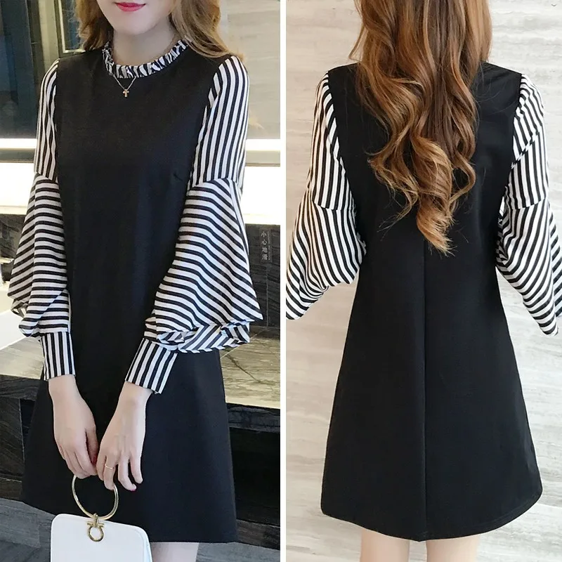 

2017 Autumn Korean-style Large Size Fashion Stripes Joint Flounced Sleeves Elegant Mid-length Dress WOMEN'S Dress Base Skirt