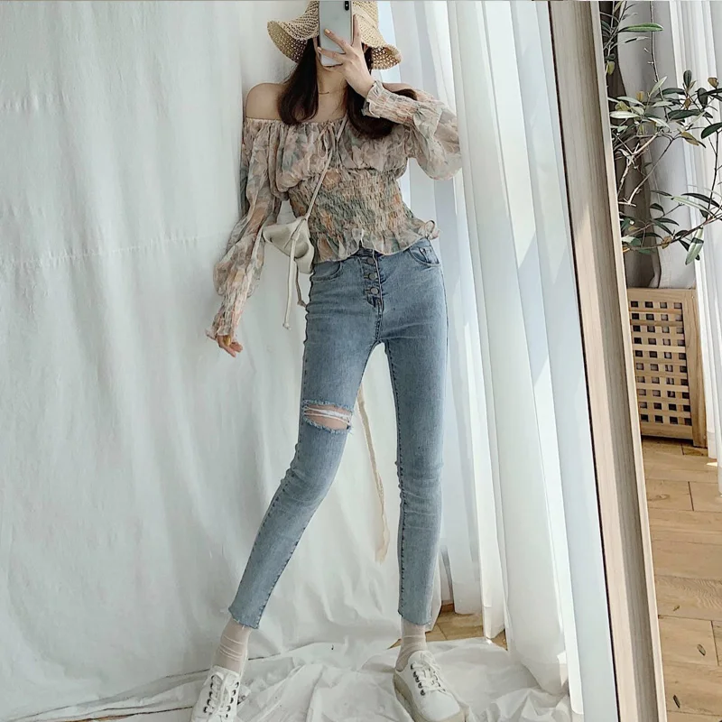 

Autumn Elastic Women Pencil Jeans Pants Mid Waist Zipper Slim Fit Ripped Skinny Jeans for Women Full Length Denim Jeans Pants