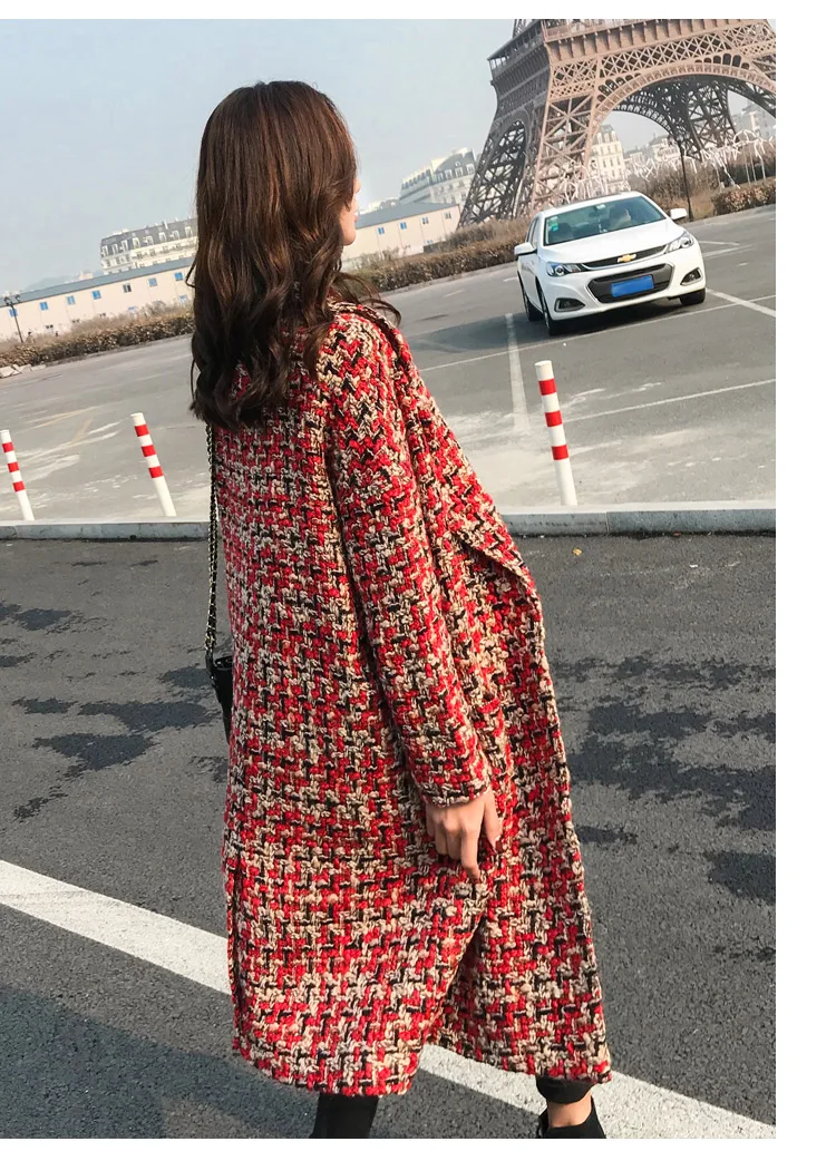 Woolen jacket female autumn winter thick red grid wool Cardigan coats Plus size women clothing warm long Outerwear clothes
